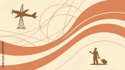 Traveler with suitcase heads towards airplane on tower amidst abstract lines
