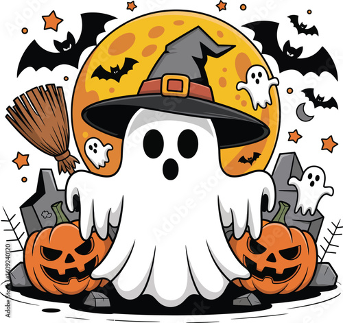 Spooky Halloween cartoon vector illustration of a ghost in a witch hat, surrounded by jack-o'-lanterns, bats, and tombstones in a graveyard scene