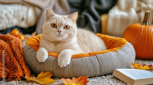 Cozy Cat Resting on an Orange and Gray Bed Surrounded by Autumn Decor in a Wa...
