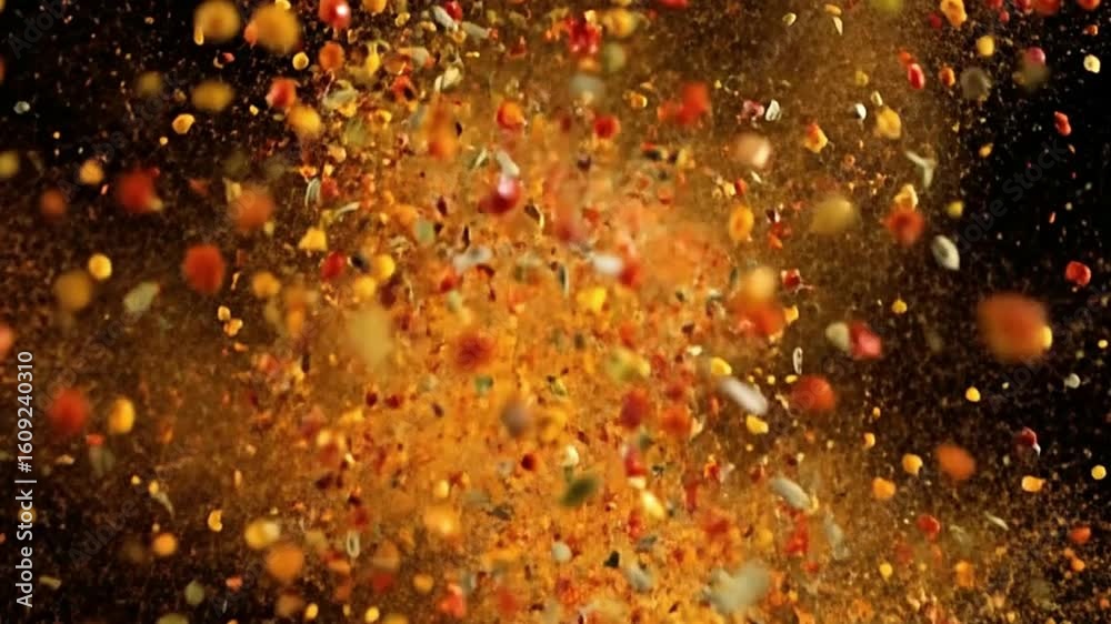 An explosion of spices herbs and seasonings in midair against a dark background