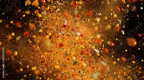 An explosion of spices herbs and seasonings in midair against a dark background