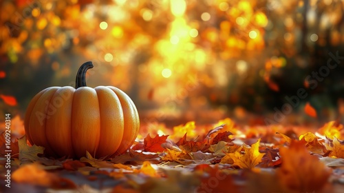 Vibrant Pumpkin Surrounded by Colorful Autumn Leaves in a Serene Forest Setting