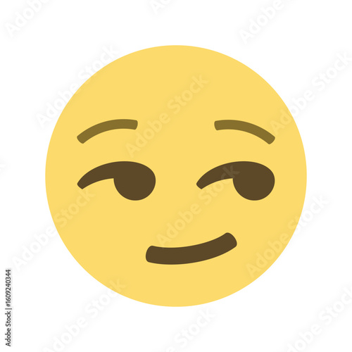 A yellow emoji face with a sly expression featuring raised eyebrows and a subtle smirk on a white background