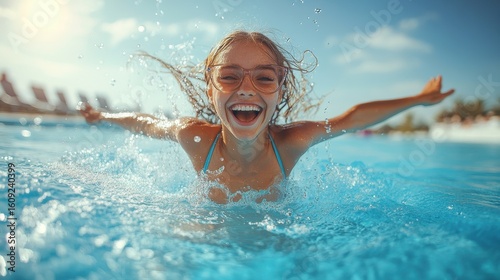 A girl in a swimming pool makes a jump into the wave