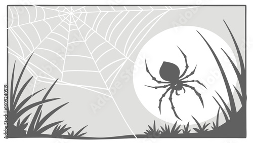 Monochrome Spider on Intricate Web Against Full Moon and Grass Silhouette Illustration
