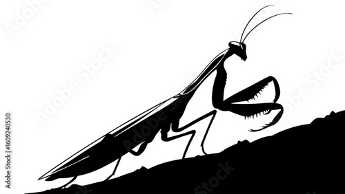 Striking Praying Mantis Silhouette Climbing Uphill - High Contrast Black and White Insect Graphic