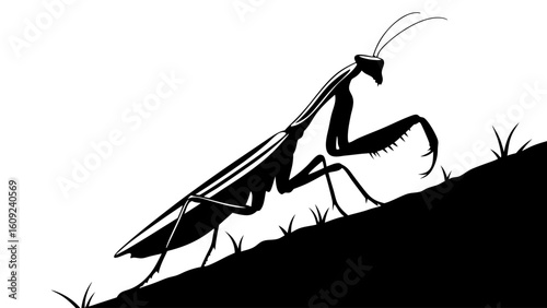 Praying Mantis Silhouette Climbing Uphill on Grassy Terrain - Striking Black and White Graphic Illustration of an Insect Ascending an Incline