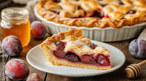 Delicious Plum Pie Slice Served With Honey Beside Whole Plums on Rustic Woode...
