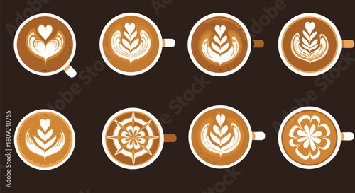 Eight Unique Latte Art Concepts and Coffee Designs Illustration - A Creative Overhead View of Beverage Decoration Patterns for Cafes and Home Baristas