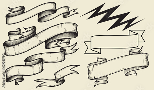 Collection of hand drawn vintage style ribbons and banners with jagged lines on a light beige background