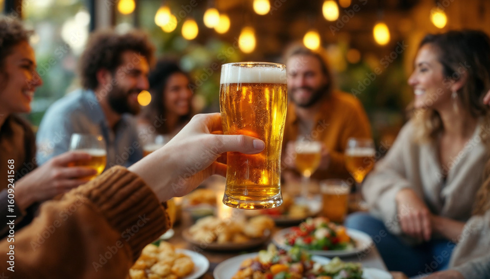 Friends share food and drinks under warm string lights, celebrating together.
Friends share food and drinks under warm string lights, celebrating together.