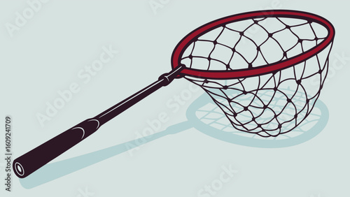 Clean Vector Illustration of a Landing Net with Red Rim and Black Handle, Ideal for Fishing, Sport, and Outdoor Hobby Concepts