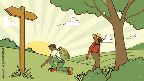 People Exploring Nature Path at Sunrise with Signpost Illustration: Journey, Discovery, and Direction in Rural Landscape