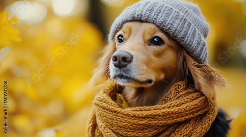 Dog Wearing a Warm Orange Hat and Scarf in Autumn Leaves During a Sunny Day.