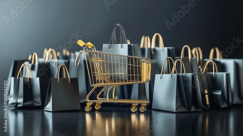 Shopping Cart Amidst Black Bags in a Retail Setting During a Festive Season