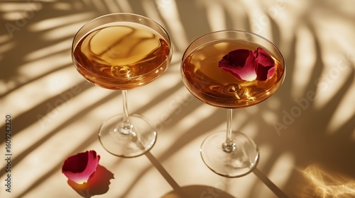 Refreshing Cocktails With Rose Petals on a Sunlit Table at a Summer Afternoon...