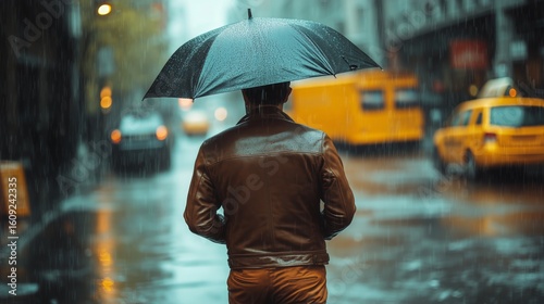 Rainy Street View Featuring a Person With an Umbrella in an Urban Setting Dur...