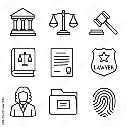 Legal Justice Symbols Set Line Art Icons Court Gavel Scales Law Document Lawyer Fingerprint