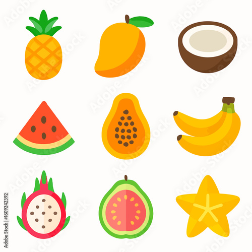 Colorful Assorted Fruit Illustration with Pineapple Mango Watermelon Papaya Starfruit Coconut