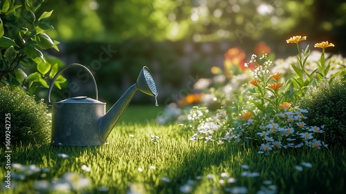 Metal Watering Can Placed in a Lush Garden During the Afternoon Sunlight.