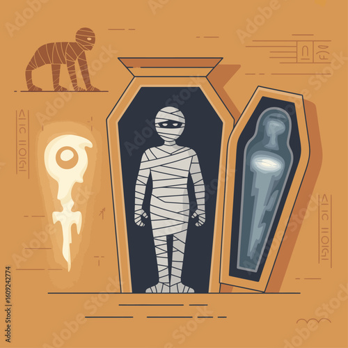 Illustration of a Mummy in a Coffin with a Small Mummy Creature and Coffin Artifacts in Flat Style