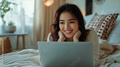 Young Woman Enjoys Online Activities While Relaxing on a Bed in a Cozy Room D...