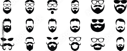 Men's hairstyle, beard, and mustache icon set. Collection of retro hipster faces with glasses. Gentleman silhouette symbols isolated on white background.
