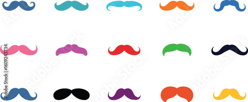 Colorful mustache icon set. Collection of various funny and retro moustaches. Flat vector design elements isolated on white background.
