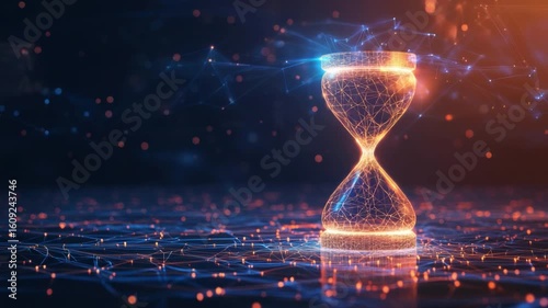 Futuristic hourglass in glowing geometric lines showcasing the concept of time passing in a digital universe