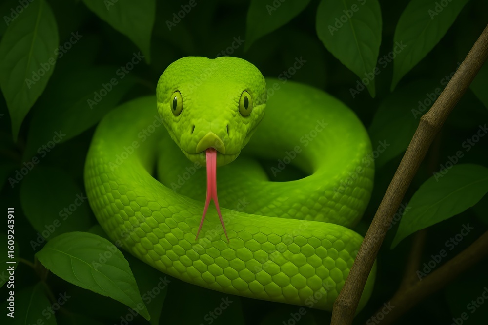 Fototapeta premium Neon Green Viper with Tongue Out on Branch – Close-Up Predator in Jungle