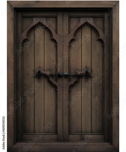 Majestic old wooden gothic door with detailed carvings and iron handle on transparent background
