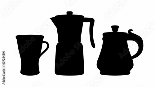 Silhouette of a coffee cup, moka pot, and teapot arranged side by side on a white background scene | editable eps vectors