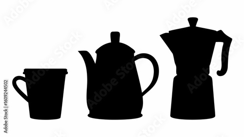 Silhouette illustration of a mug, teapot, and moka pot arranged side by side on a white background | editable eps vectors