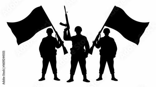 Silhouette of three soldiers holding rifles and waving black flags in a defiant stance on a white background | editable eps vectors