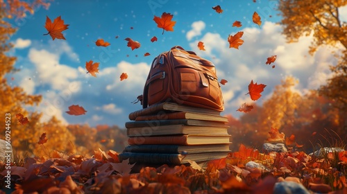 Autumn Scene With Backpack Resting on Stacked Books Among Falling Leaves