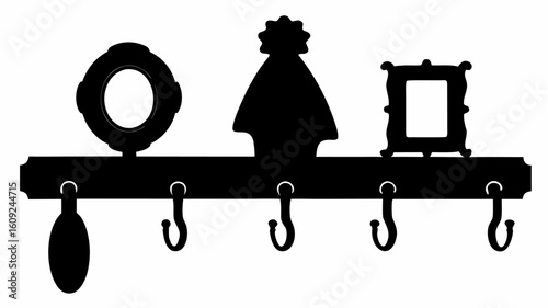 Silhouette of a decorative wall hanger with hooks and decorative shapes on top of the horizontal bar | editable eps vectors
