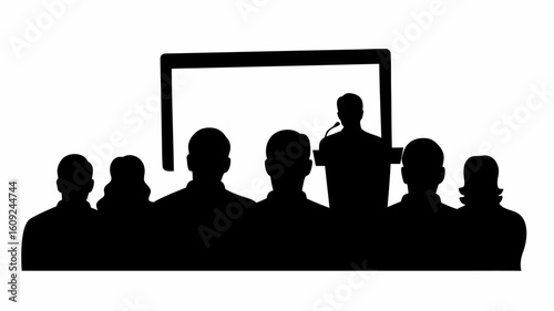 Silhouette of a speaker at a podium giving a presentation to a group of people in front of a screen | editable eps vectors