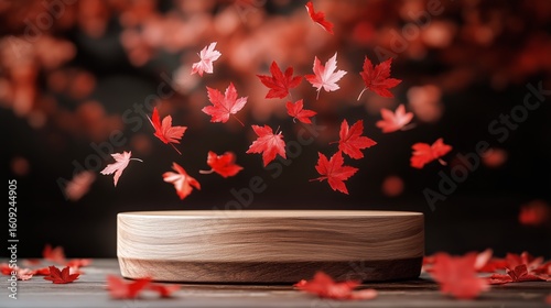 Red Maple Leaves Falling Above a Wooden Platform in Autumn
