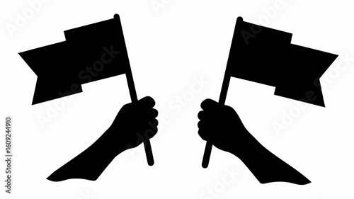 Two hands holding black flags waving in opposite directions creating a symmetrical composition image is simple 100 | editable eps vectors silhouette