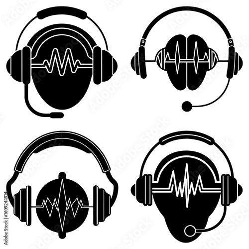 Four black and white icons featuring headsets with microphones and sound waves in a vector design