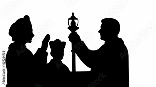 Silhouette of three figures with religious attire and a staff in a formal setting ceremony scene | editable eps vectors