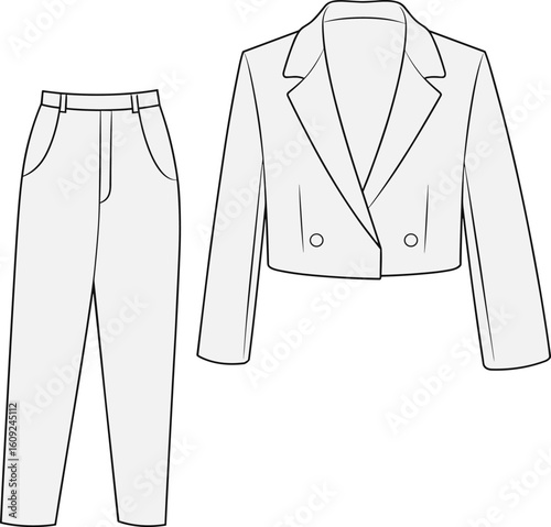 Flat CAD vector illustration of stylish women’s cropped blazer and high-waisted pants set, front view fashion design sketch