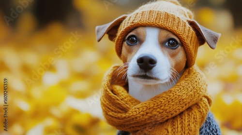 Dog Wearing a Warm Orange Hat and Scarf in Autumn Leaves During a Sunny Day