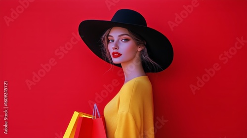 Stylish Woman Poses Against a Bold Red Background While Holding Shopping Bags...