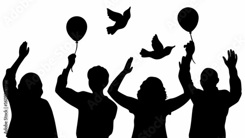Silhouette of people releasing balloons and birds into the air in a celebratory gesture or memorial event | editable eps vectors