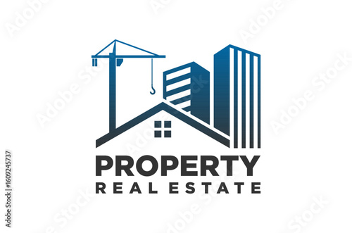 Real estate property agent building logo design, featuring a tower crane, house, and skyscrapers. Vector icon illustration.