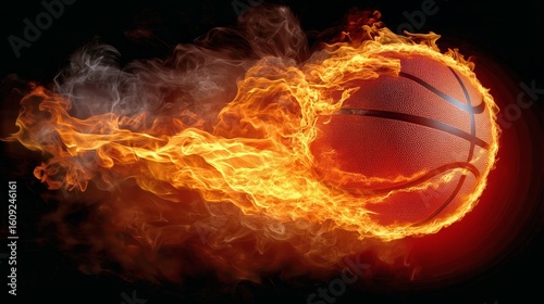 Basketball With Fiery Motion Effects in Dark Background During Energetic Spor...