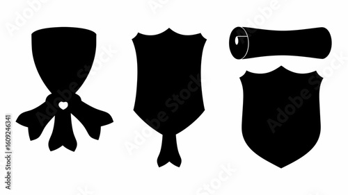 Silhouette image showcasing a ribboned shield heart detail a shield with a tail and a rolled shield design | editable eps vectors