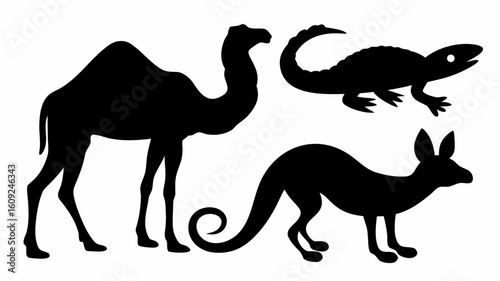 Silhouette depiction of a camel, a lizard, and a kangaroo in a stark black and white composition | editable eps vectors