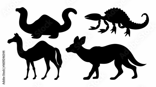 Silhouette illustration showing a plesiosaur camel dinosaur and a jackal animal in black color | editable eps vectors
